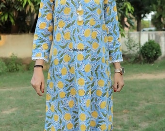 Floral Block Print Cotton Midi Dress - Turquoise Summer Dress