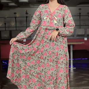 New floral look like printed cotton long maxi dress - v neckline with tassel summer wear maxi dress - long sleeve Indian wear maxi dress