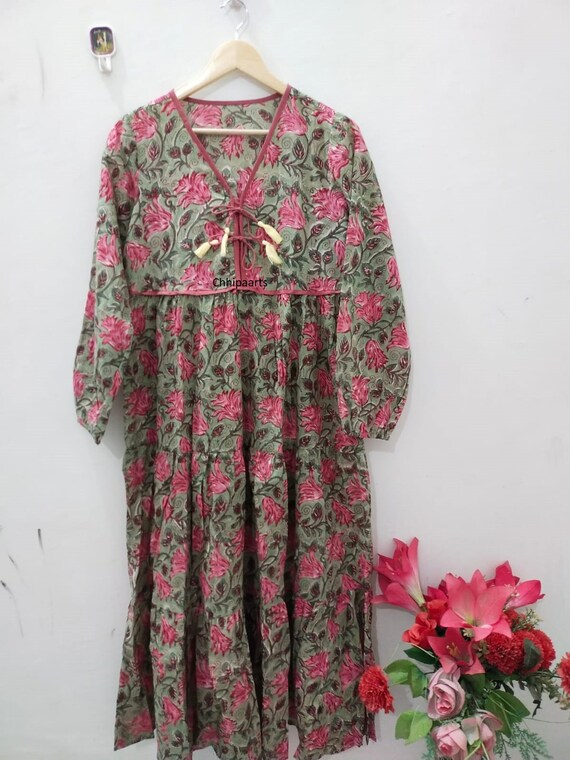 New Floral Look Like Printed Cotton Long Maxi Dress - V