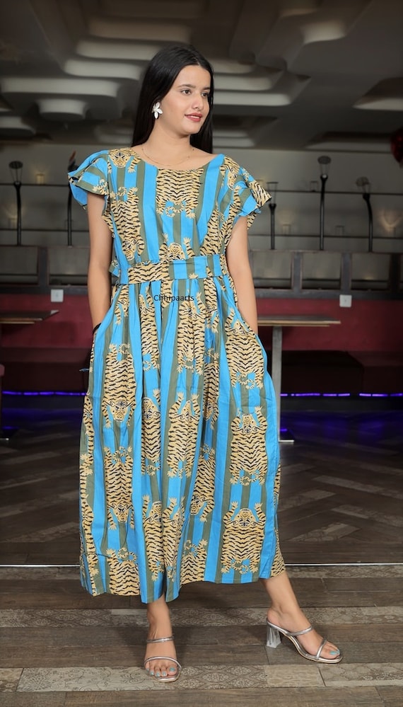 Hand Block Printed Cotton Maxi Dress: Blue Tiger Floral Print