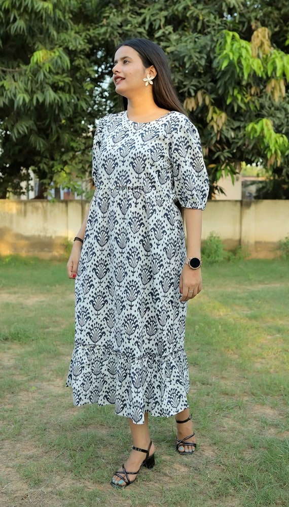 Floral Block Print Cotton Dress: Long Sleeve Button-Down Maxi
