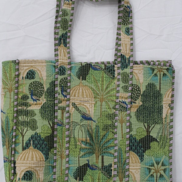 New Quilted Cotton Handprinted Reversible Large Peacock Print Tote Bag Eco friendly Sustainable Sturdy Grocery Shopping Handmade Boho bag