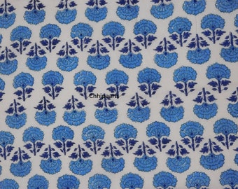 Floral Hand Block Print Fabric: Turquoise & Navy Blue, 5 Yard
