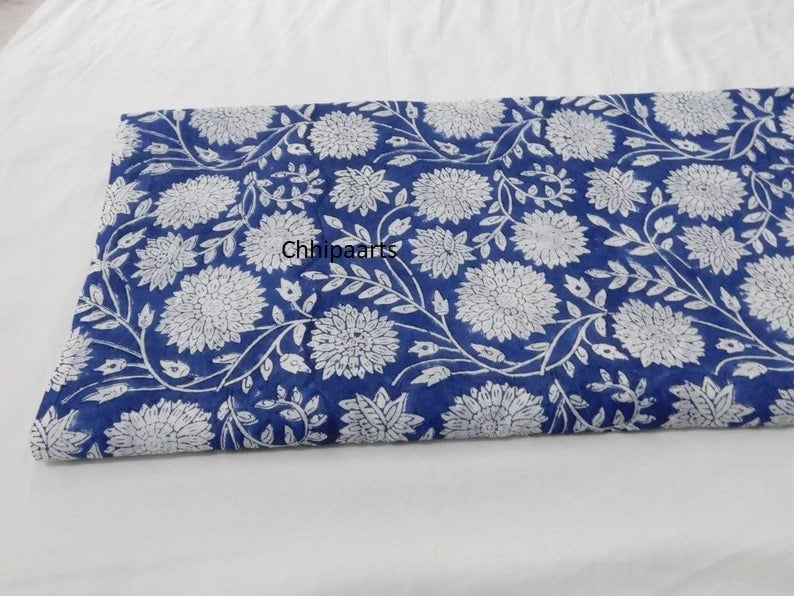Tissu Indien Bleu Floral Imprimé Main - 100% Coton - 3 Yards - Couture