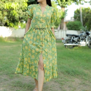 Floral Maxi Dress: Hand Printed Cotton V-Neck Prairie Style