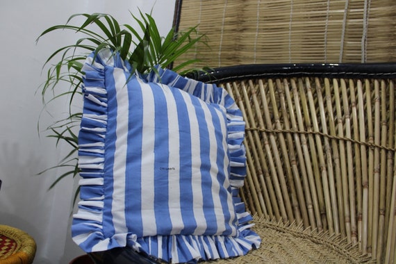 Blue Stripe Ruffle Cushion Cover: Handmade Block-printed Home