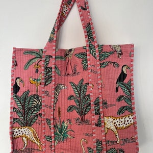 Neue gesteppte Baumwolle handbedruckte umkehrbare große Leopardenmuster-Einkaufstasche Umweltfreundliche nachhaltige robuste Einkaufstasche Handgefertigte Boho-Tasche