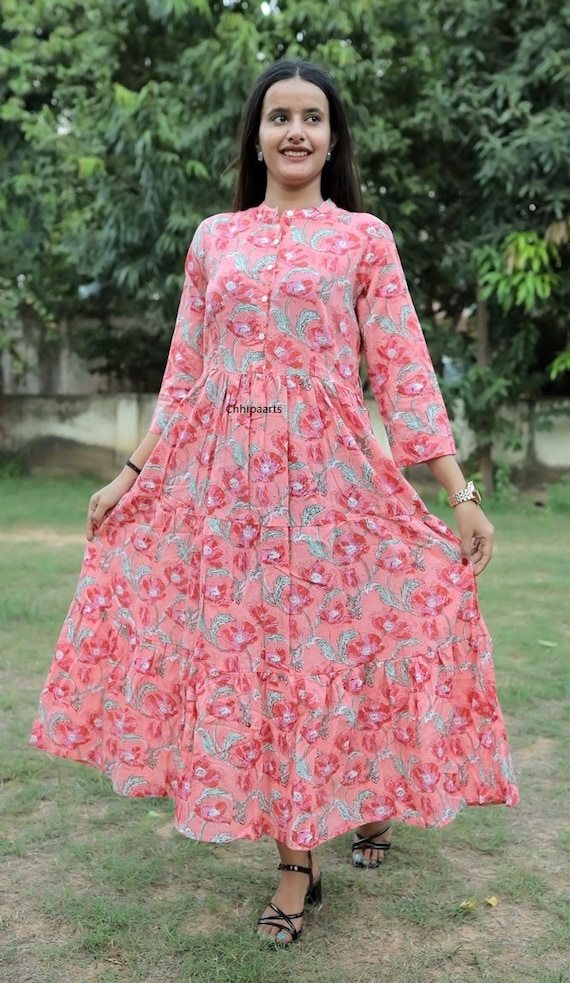 Pink Floral Block Print Cotton Dress: Long Sleeve India Dress Pink Floral Block Print Cotton Dress: Long Sleeve India Dress