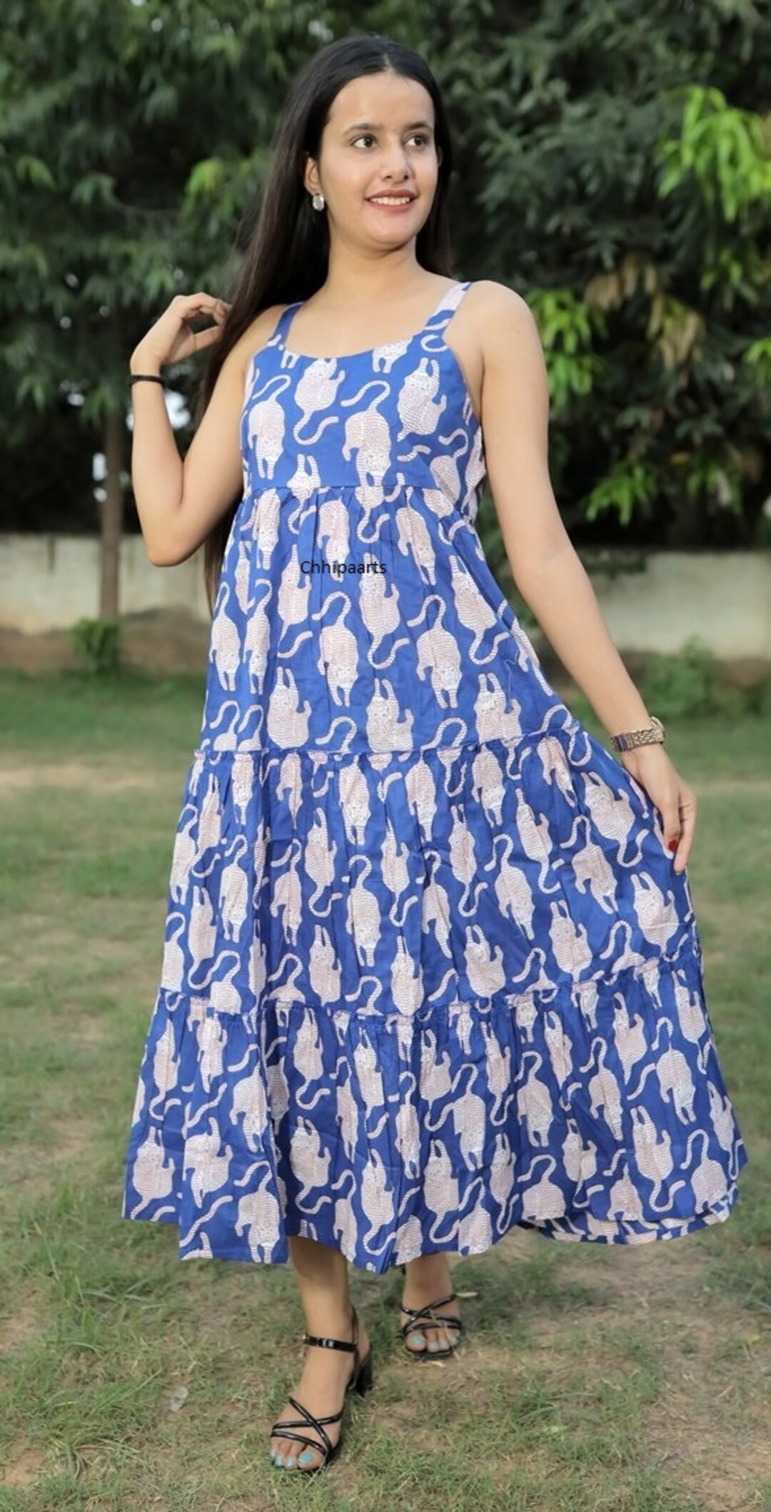 Blue Leopard Print Cotton Dress: Short Sleeve Summer Midi Blue Leopard Print Cotton Dress: Short Sleeve Summer Midi