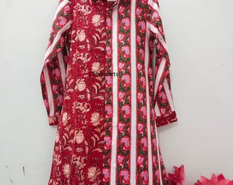 Floral Block Print Cotton Midi Dress: Long Sleeve Summer Shirt Dress