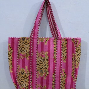 Neue gesteppte Baumwolle handbedruckt umkehrbar großen Löwen Print Einkaufstasche Umweltfreundliche nachhaltige robuste Einkaufstasche handgemachte Boho-Tasche