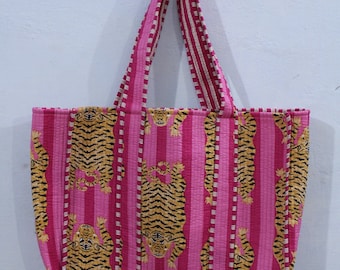 Handmade Quilted Cotton Tote Bag: Reversible Tiger Print Shopper
