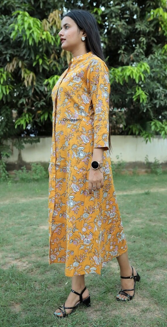 Yellow Floral Block Print Cotton Midi Dress: Long Sleeve Summer Dress