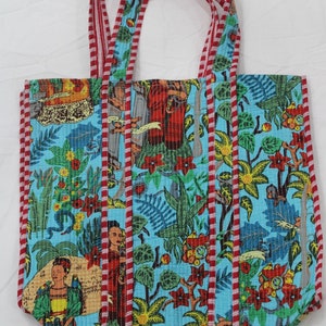 New Quilted Cotton Handprinted Reversible Large Frida Print Tote Bag Eco friendly Sustainable Sturdy Grocery Shopping Handmade Boho bag