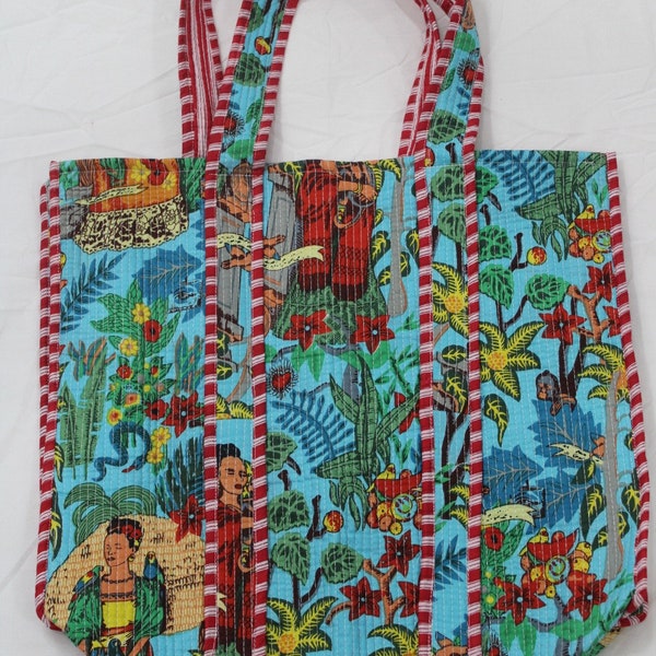 Nouveau coton matelassé imprimé à la main réversible grand sac fourre-tout imprimé Frida écologique durable robuste épicerie sac Boho fait à la main