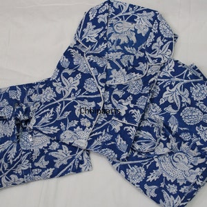 Wholesale Prices Hand Block Floral Print in Blue Color Pure Cotton PJ Set, Payjama Set ,Indian Cotton, Night Wear, Soft Cotton Night Suit