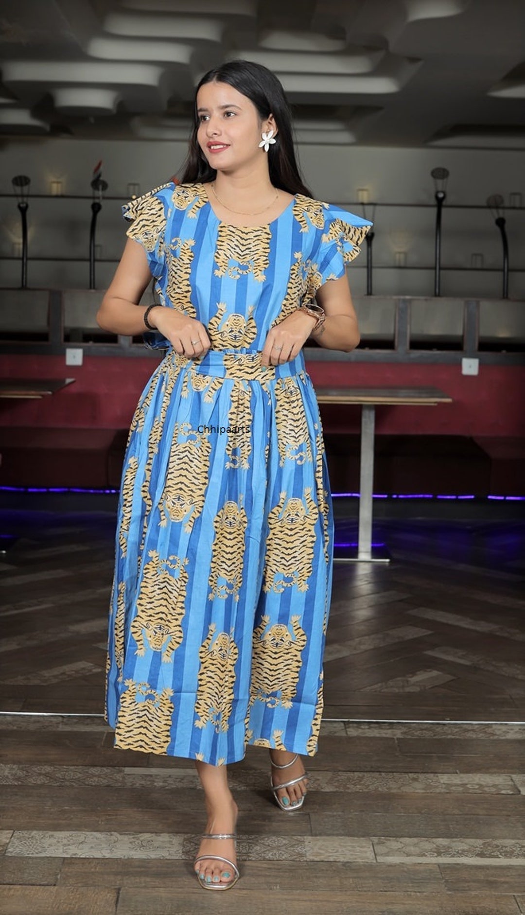 Blue Tiger Block Print Cotton Dress: Pleated Top Summer Midi - Etsy