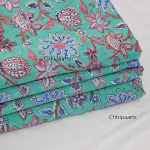 Vente 5 yards vert armée bleu caroline indien floral main bloc imprimé tissu de coton, tissu par yard, vêtements pour femmes rideaux sac oreiller
