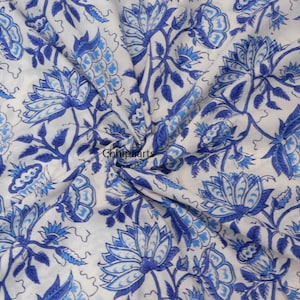 Indian Hand Print Fabric In Blue Floral 100% Cotton Fabric , Dresses Fabric , Sewing Fabric , Crafting Fabric , Quilting Fabric By Yard