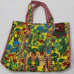 Frida Quilted Cotton In Mustered Yellow Color Reversible Large Tote Bag Eco friendly Sustainable Sturdy Grocery Shopping Handmade Boho bag