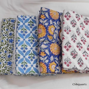 Mix A Lot Of Fabric In Blue , White , Sky Blue Floral Hand Block Printed Cotton Womens Clothing , Curtains Pillow Covers Fabric By Yard