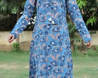 Blue Floral Block Print Cotton Maxi Dress, Long Sleeve