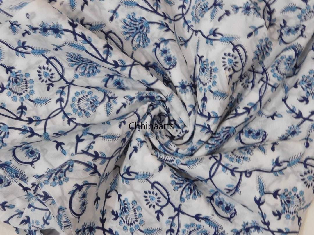Tissu Indien Bleu Floral Imprimé Main - 100% Coton - 3 Yards - Couture
