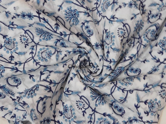 Tissu Coton Imprimé Floral Bleu Fait Main Indien - 7 Yards Pour Couture Et Artisanat