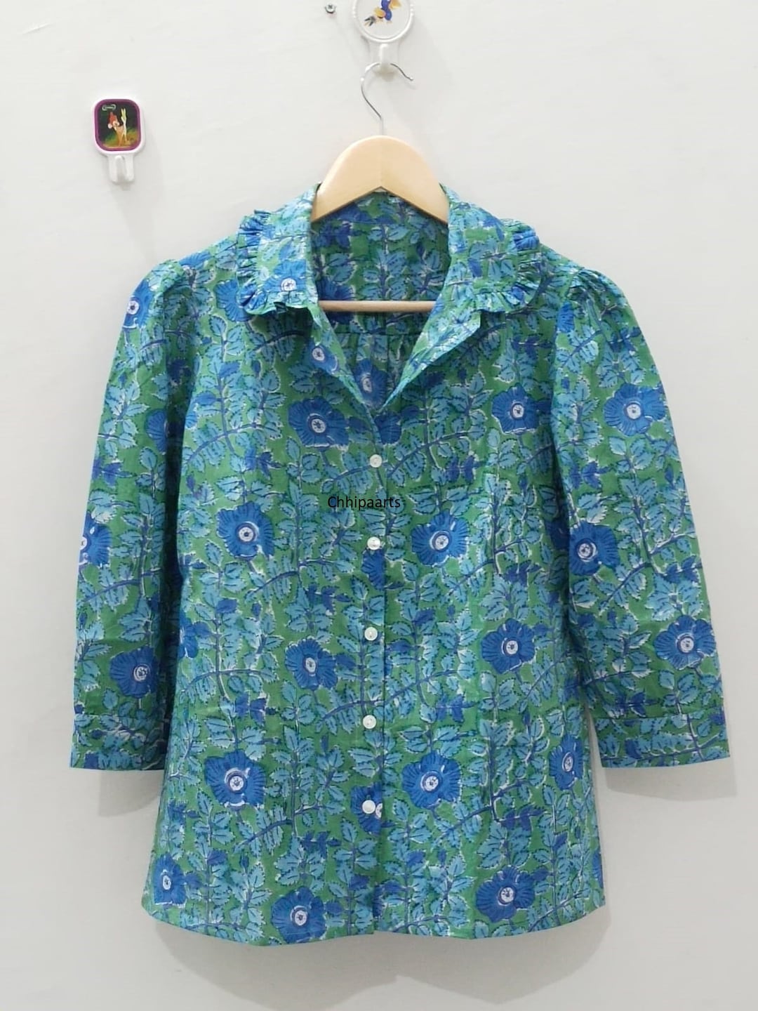 Teal Blue Printed Cotton Blouse main image 1