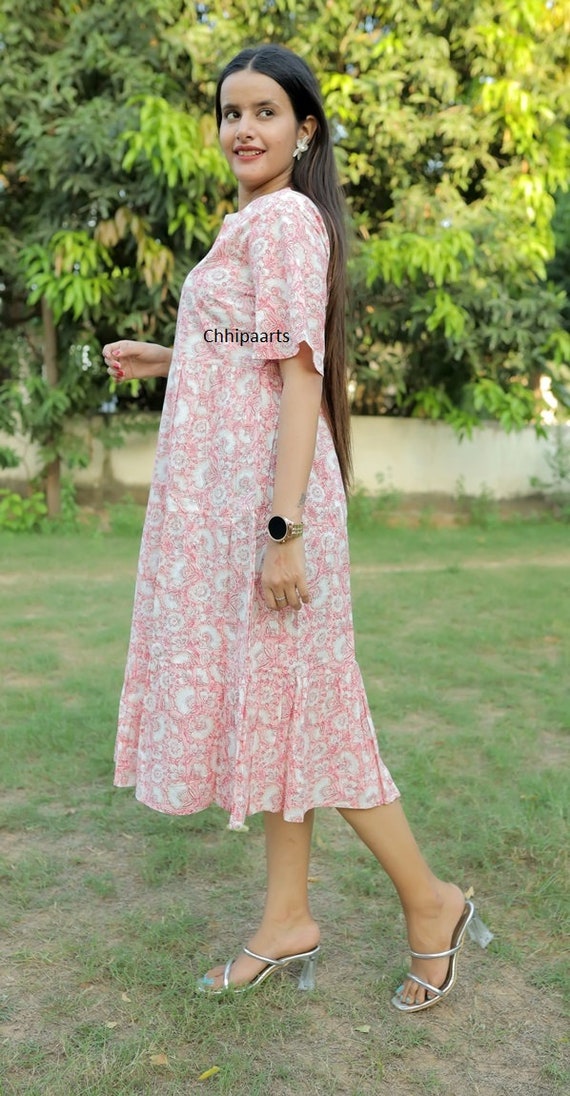 ドレス ハンド ブロック プリント コート ドレス : [INDACORIFIE] インドの手作りの女性の綿のカフタン