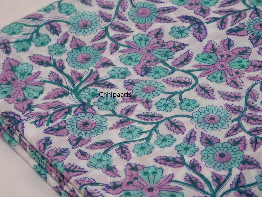 Tissu Coton Imprimé Floral Indien - 5 Yards - Fait Main Teint à La Main - Multicolore
