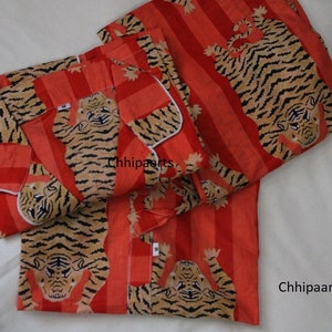 Sale Long PJ Set in Tiger Print, Night Dress, Cotton Long Pajamas, Lightweight Loungewear ,Summer Pjs, Shirt With Pant In Wholesale Prices !