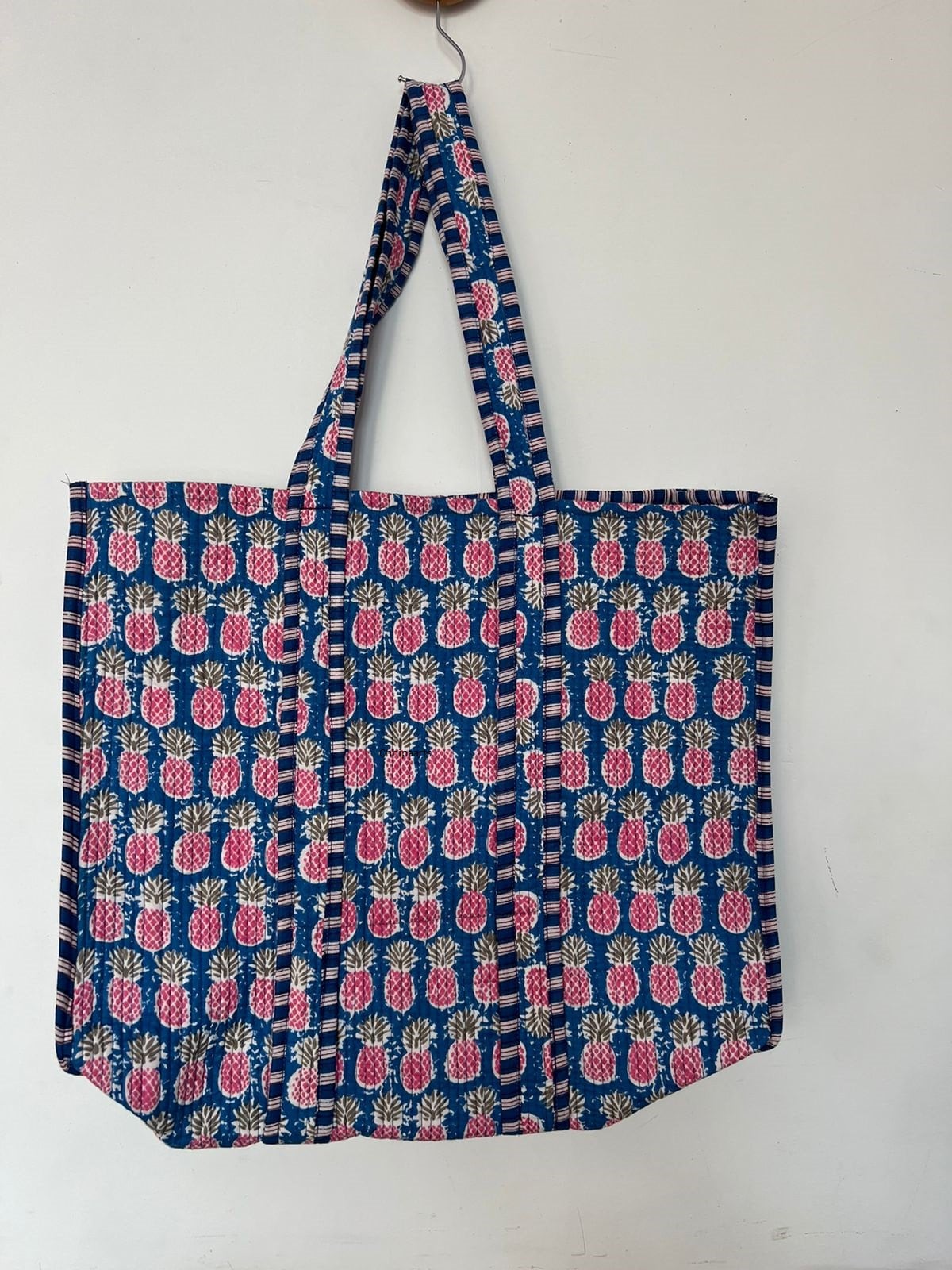 Sale Pineapple Print Quilted Tote Bag, Blue Striped Tote