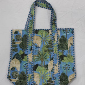 New Quilted Cotton Handprinted Reversible Large Peacock Print Tote Bag Eco friendly Sustainable Sturdy Grocery Shopping Handmade Boho bag