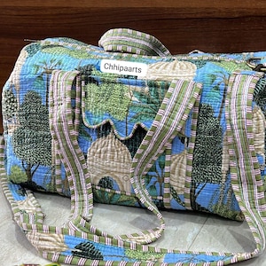 New Quilted Cotton Handprinted Reversible Large Peacock Print Duffel Bag Eco friendly Sustainable Sturdy Grocery Shopping Handmade Boho bag