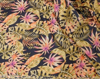 黒の花柄コットン生地：インドのブロックプリント、ボヘミアンスタイル - 1ヤードあたり