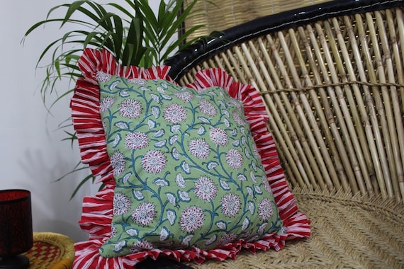 On Sale Square Cushion Cover Green Floral Print Stripe Handmade