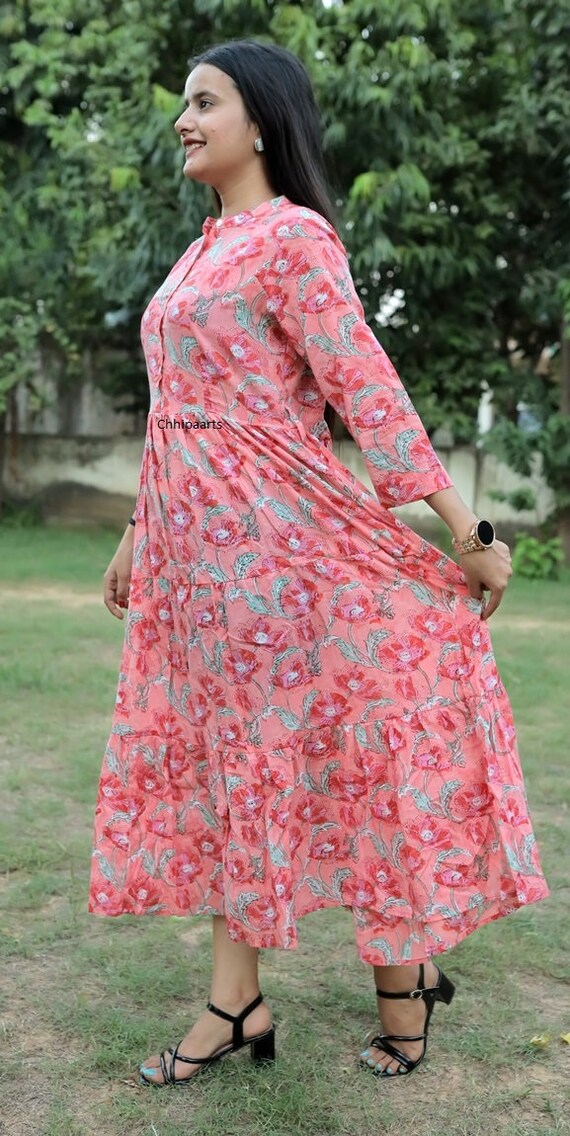 Pink Floral Block Print Cotton Dress: Long Sleeve India Dress