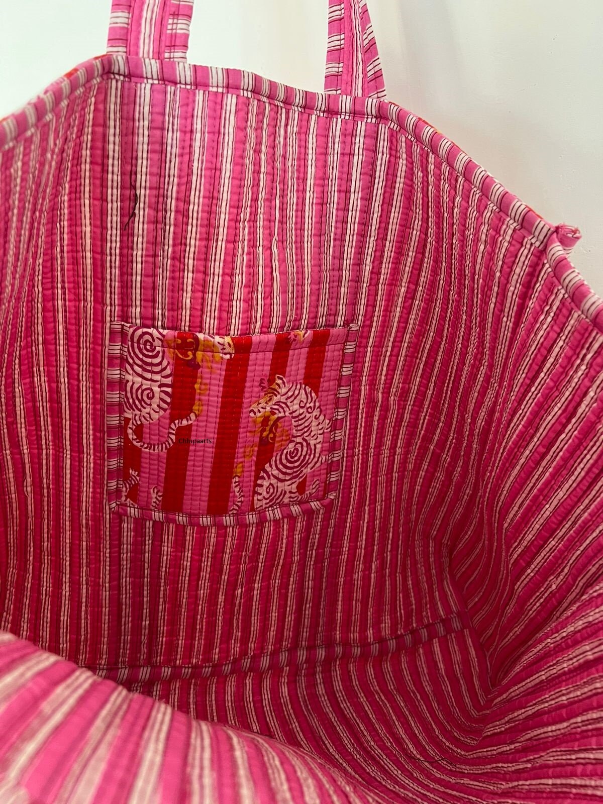 【AAKE】COTTON BIG TOTE BAG (pink / brown) Pink Black and Brown Aso Oke Tommy Tote - Urbanstax