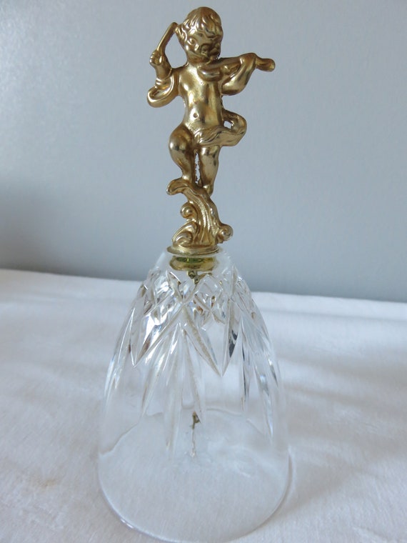 Cut Glass Bell With Decorative Gold Cherub Handle Vintage Crystal