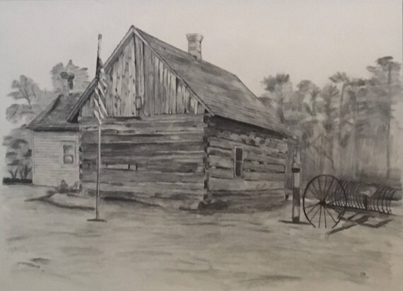 Serenity Cabin Wall Art Pencil Drawing Print Etsy