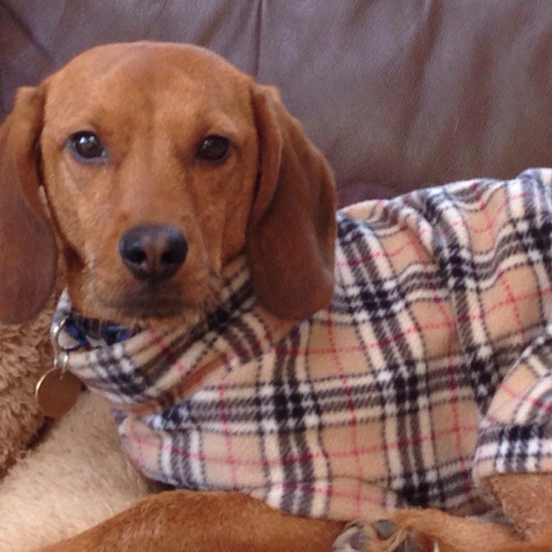 Warm Dog Fleece Jumper Clothes Coat Vest various sizes XXS XS S M L XL Dachshund, Tartan image 1