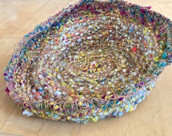 Handcrafted large textile sculptural bowl. Coiled crochet. Fabric yarn and hemp yarn. 32cm x 35cm x 16cm.