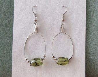 Green Glass Hoop Earrings – Handmade Jewelry – Wire Work