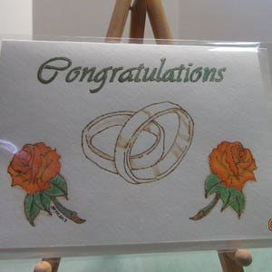 Roses et bagues jaunes – Carte de félicitations de mariage - Pyrographie