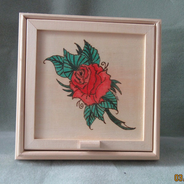 Hand Painted – Hand Burnt – Rose Jewelry Box with Mirror