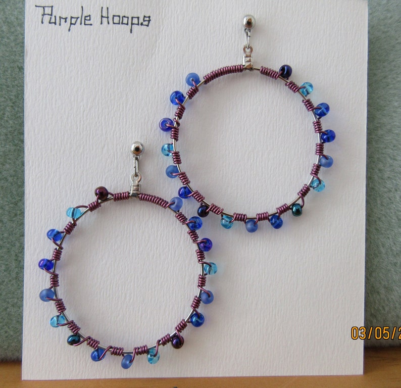 Multi-Blue Tone Glass Bead Hoop Stud Earrings \u2013 Jewelry \u2013 WireWork