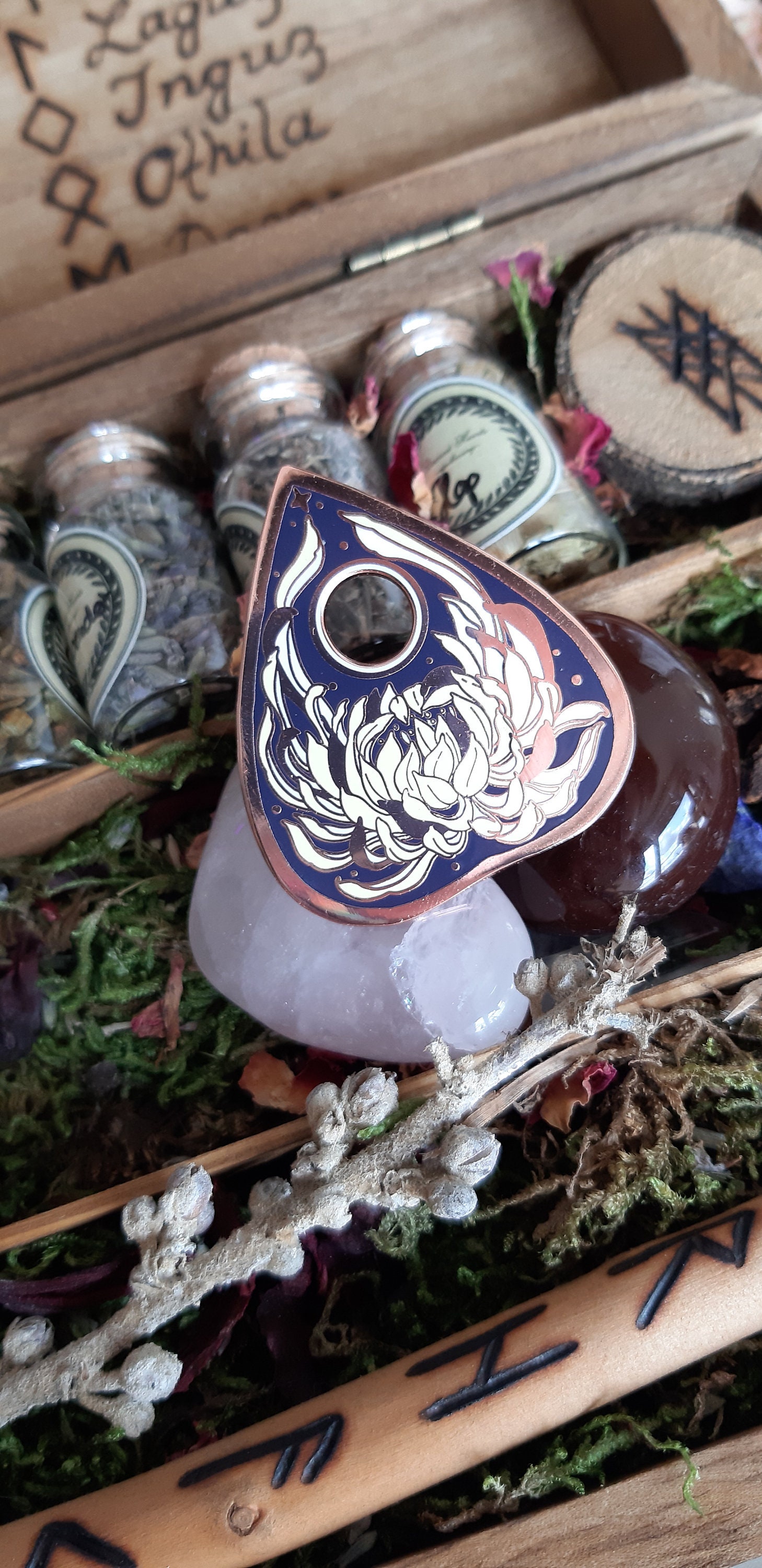 Ouija planchette chrysanthemum witch hard enamel pin