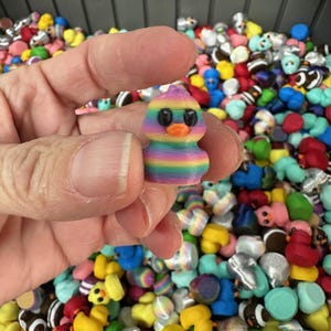May include: A small, colorful duck figurine held in a hand, with a rainbow striped body and a purple head. The duck has black eyes and an orange beak. The background is filled with many other duck figurines in various colors.