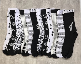 Gifts for Music Lovers, 6 or 12 Pack of Socks, Adult Stocking Stuffers, Black and White Footwear, Piano Player Present, Party Favor Ideas